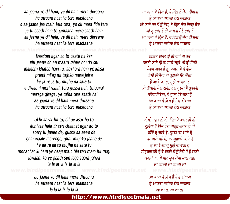 lyrics of song Aa Jaana Ye Dil Hai