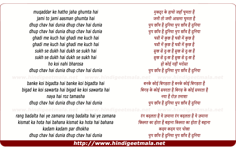 lyrics of song Muqaddar Ke Hatho Jaha Ghumta Hai