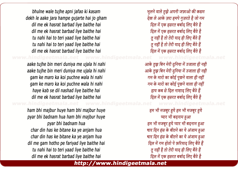 lyrics of song Bhulne Wale Tujhe Apni Jafao Ki Kasam