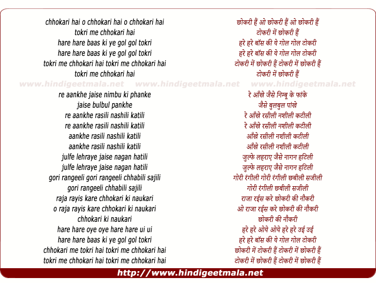 lyrics of song Tokari Me Chhokari Hai