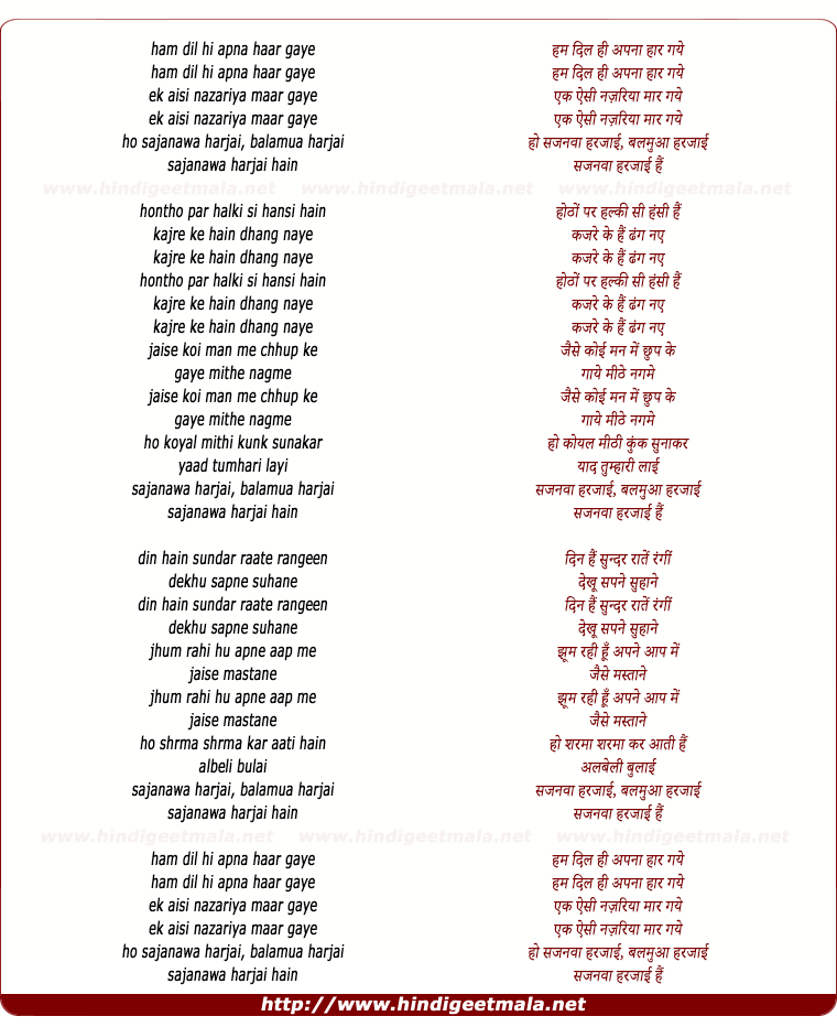 lyrics of song Hum Dil Hi Apna Haar Gaye