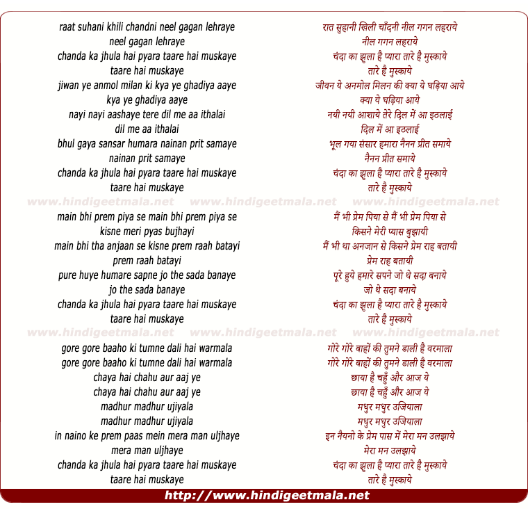 lyrics of song Raat Suhani Khili Chandni Neel Gagan Lehraye