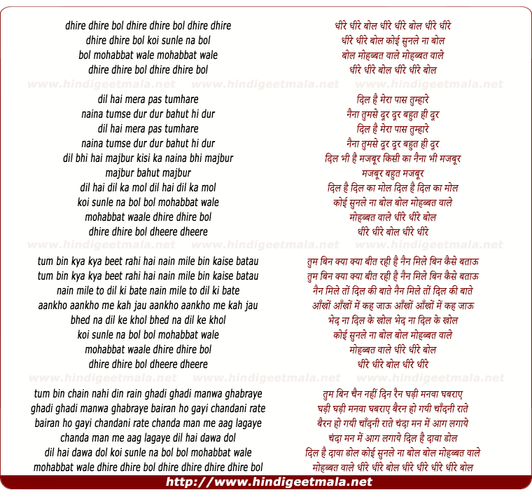 lyrics of song Dheere Dheere Bol Dheere Dheere Bol