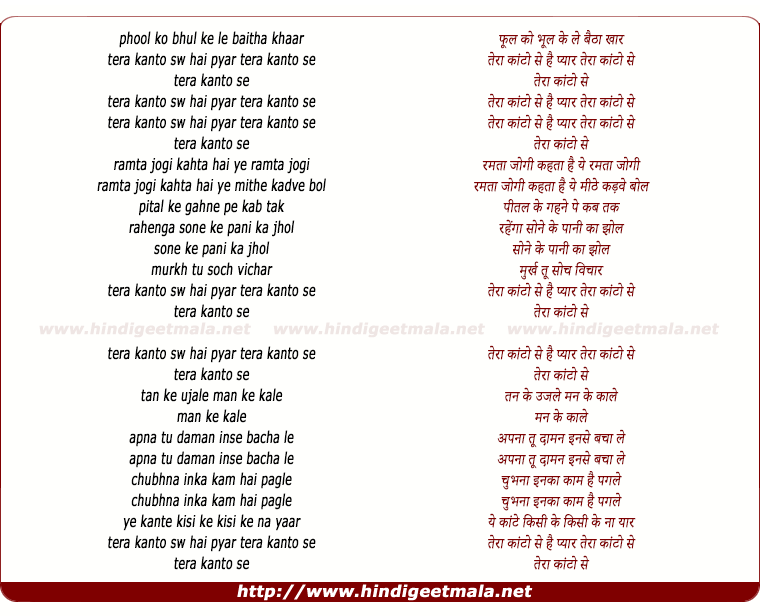 lyrics of song Phool Ko Bhool Ke Le Baitha Khaar