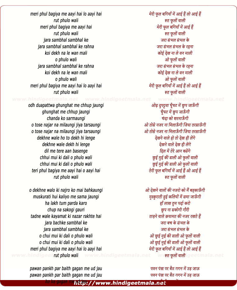 lyrics of song Meri Phool Bagiya Me