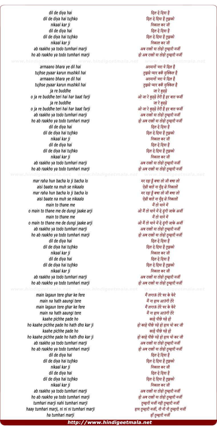 lyrics of song Dil De Diya Hai Tujhko Nikaal Kar Ji