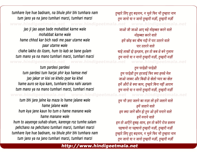 lyrics of song Tumhare Liye Hue Badnam, Na Bhule Fir Bhi Tumhara Nam