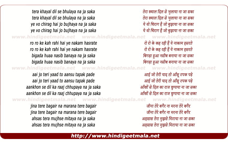 lyrics of song Tera Khayal Dil Se Bhulaya Na Ja Saka