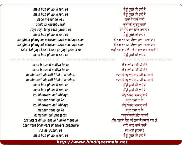 lyrics of song Mai Hu Phulo Ki Rani Re