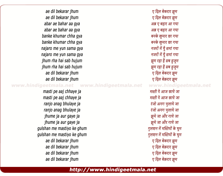 lyrics of song Aye Dil Bekarar Jhum