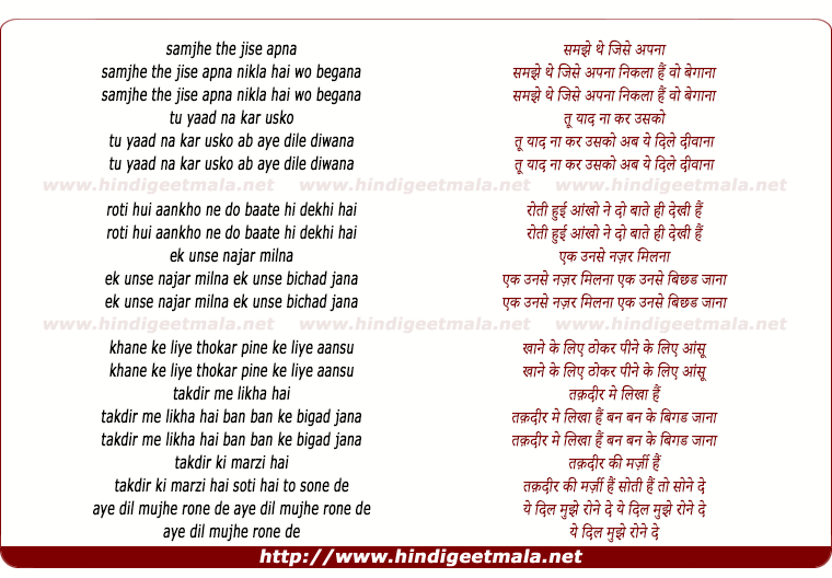lyrics of song Samjha The Jise Apna Nikala Hai Wo Begana