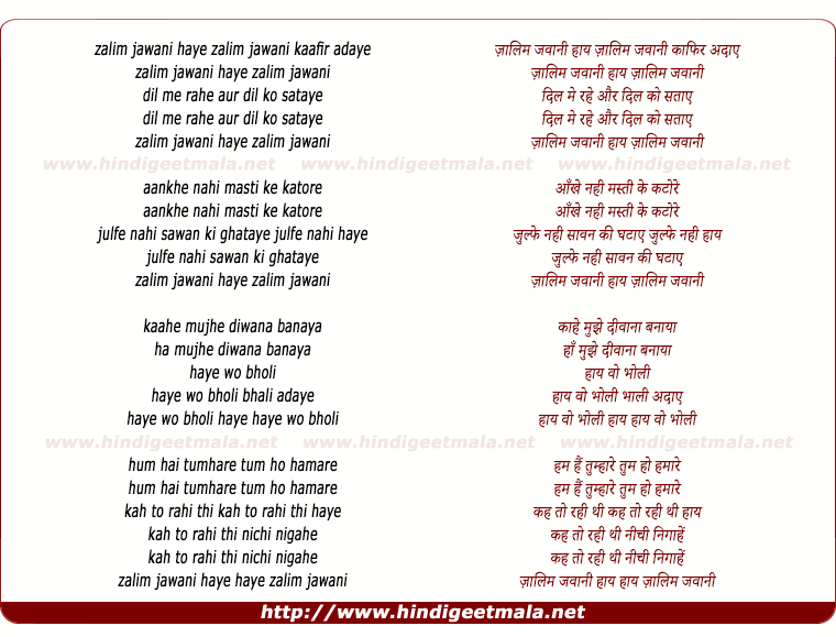 lyrics of song Zalim Jawani Kafir Adaye