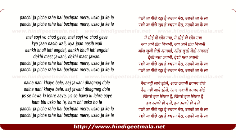 lyrics of song Panchi Jaa Piche Raha Hai Bachpan Mera