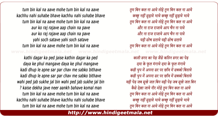 lyrics of song Tum Bin Kal Na Aave Mohe