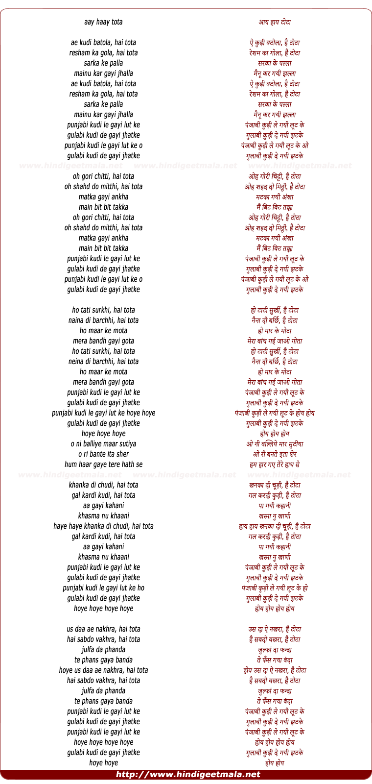 lyrics of song Hey Kusi Patola (Tota)
