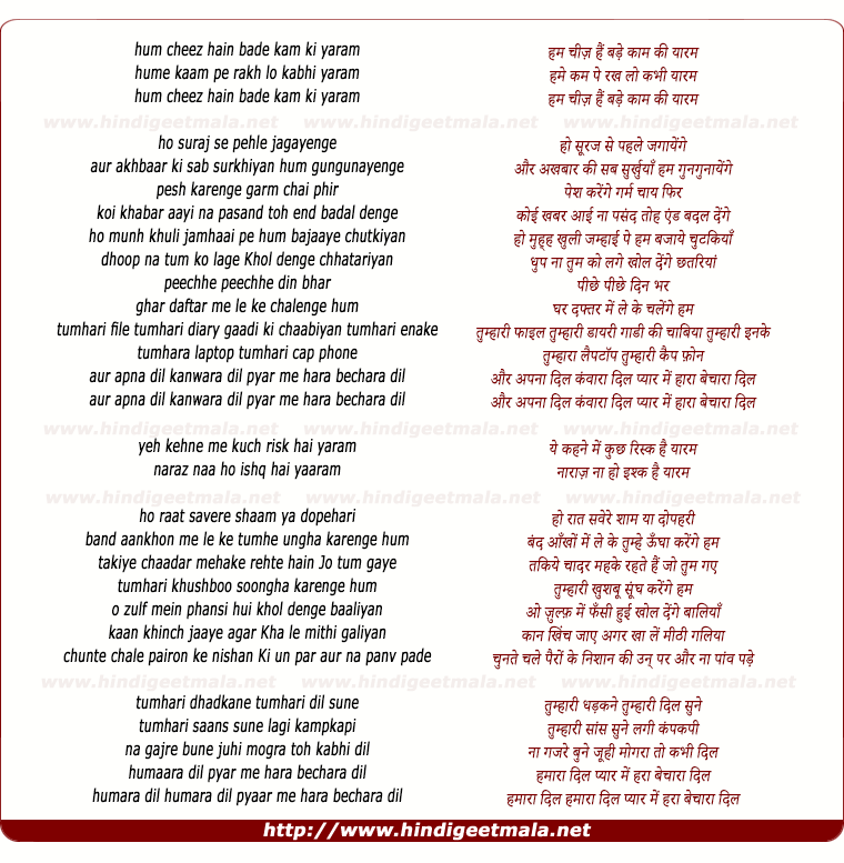 lyrics of song Ham Chiz Hai Bade Kaam Ki (Yaaram)