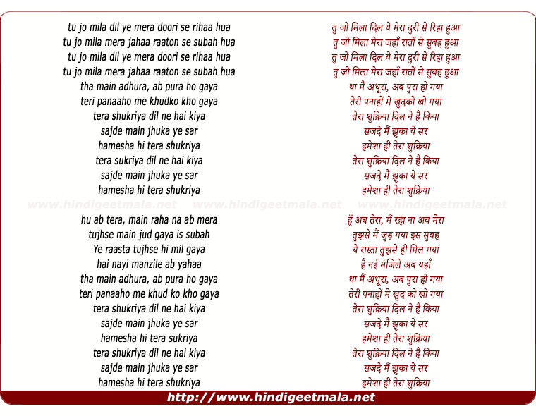 lyrics of song Tera Shukriya (Remix)