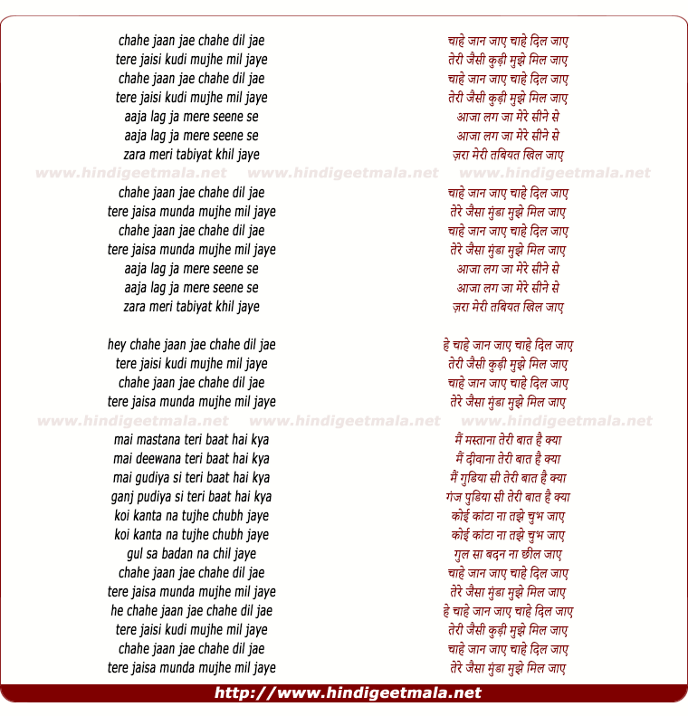 lyrics of song Chahe Jaan Jaye Chahe Dil Jaye