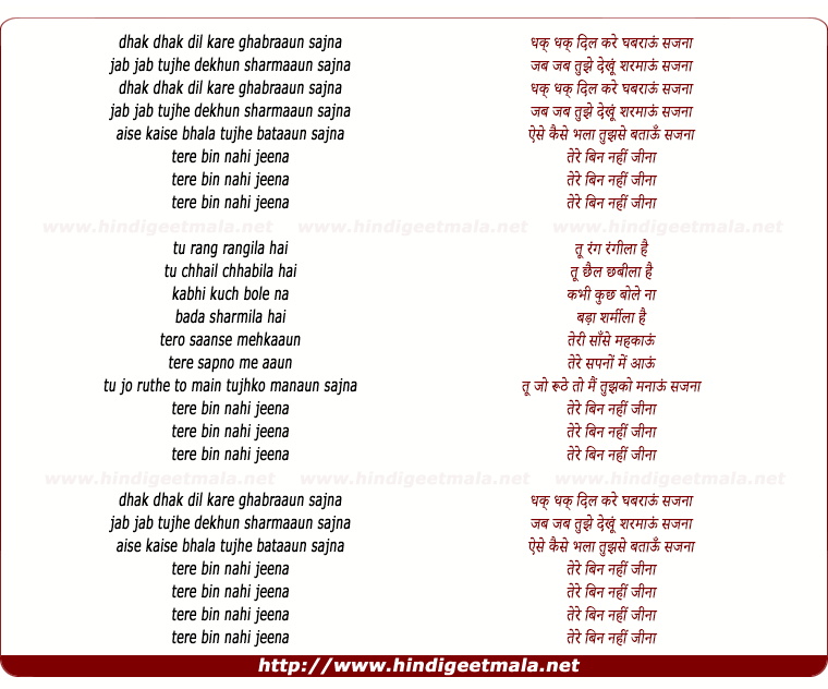 lyrics of song Dhak Dhak Dil Kare Ghabrau Sajna