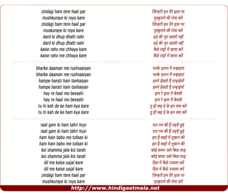 lyrics of song Zindagi Hum Tere Haal Par