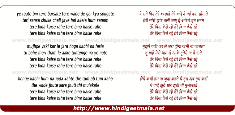 lyrics of song Tere Bina Kaise Rahe