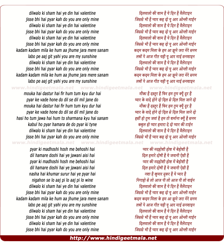 lyrics of song Dil Waalo Ki Shaam Hai