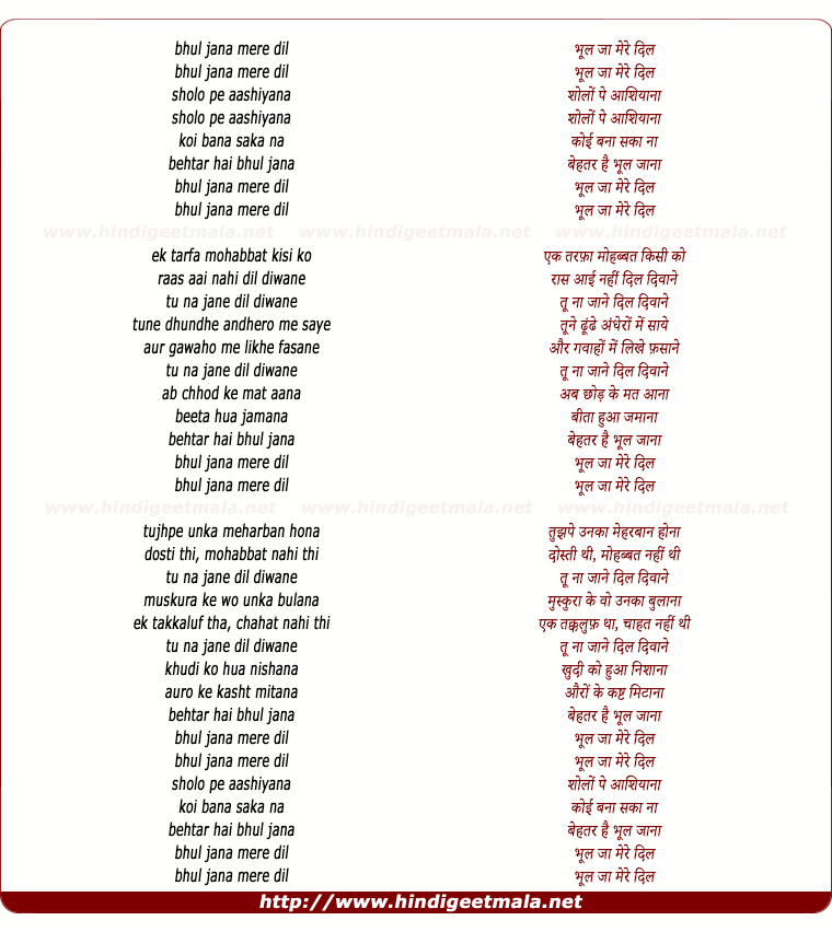 lyrics of song Bhool Jaa Mere Dil (Male)