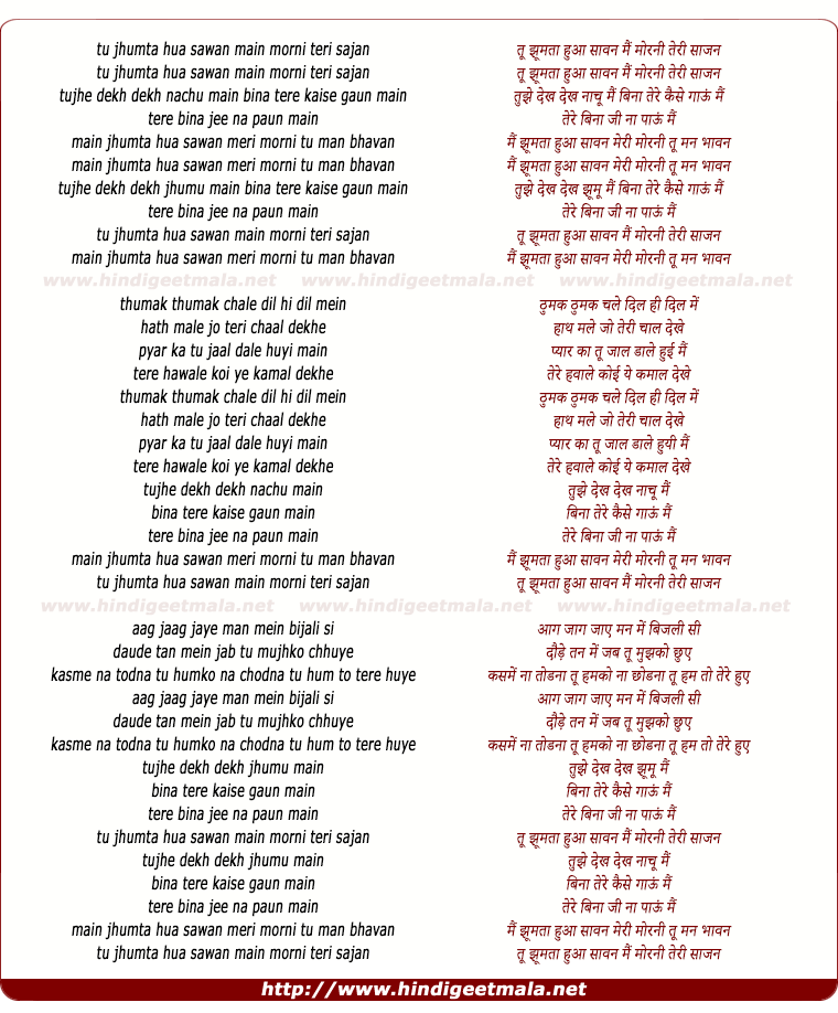 lyrics of song Tu Jhumta Huwa Sawan Main Morni Teri Sajan