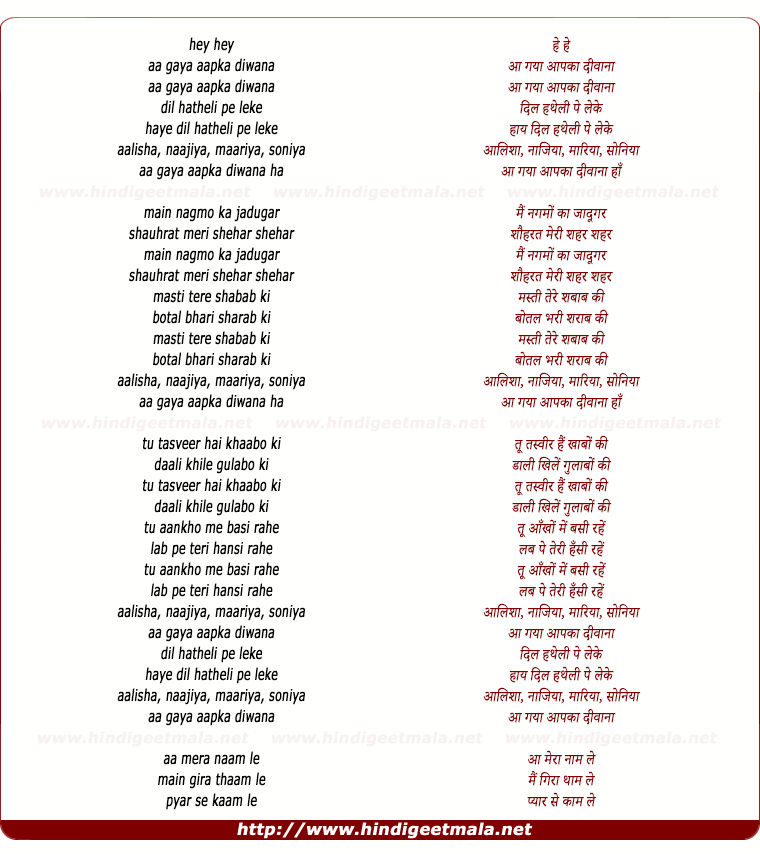 lyrics of song Aa Gaya Aapka Diwana