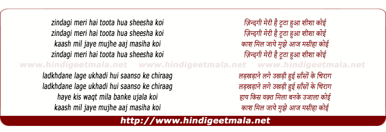 lyrics of song Zindagi Meri Hai Tuta Hua Shisha Koi