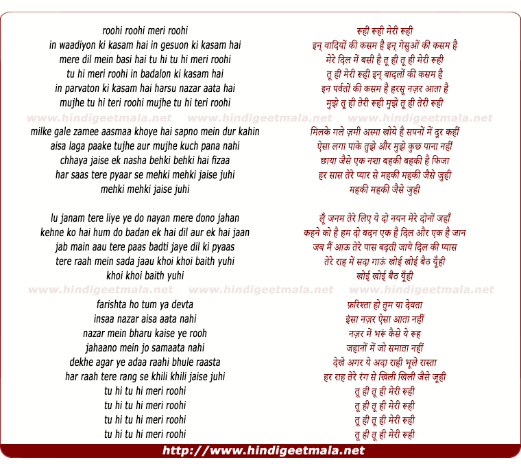 lyrics of song Tu Hi Tu Hi Meri Roohi