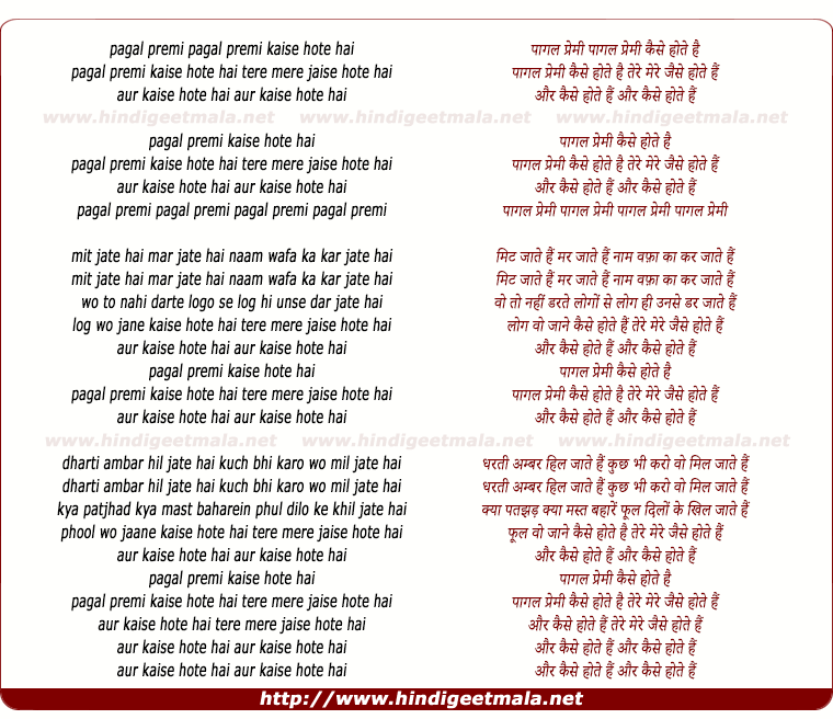 lyrics of song Pagal Premi Kaise Hote Hai