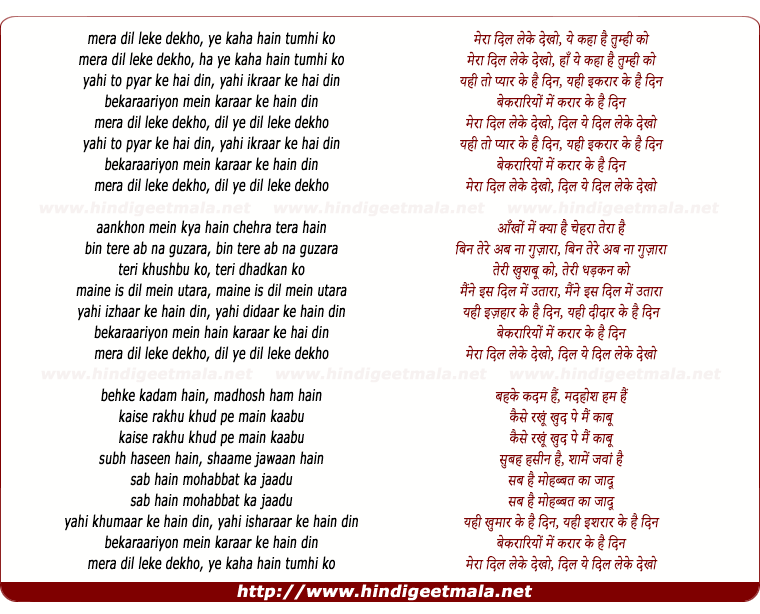 lyrics of song Mera Dil Leke Dekkho