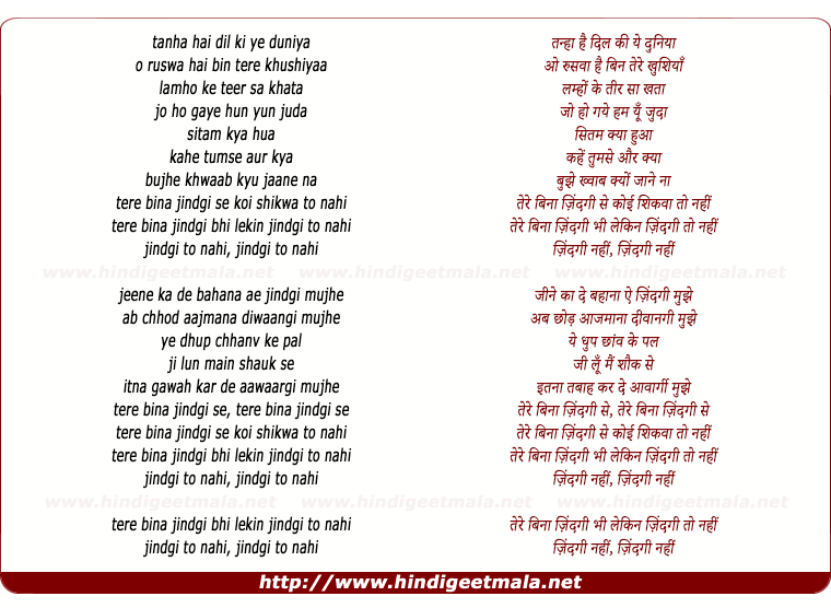 lyrics of song Tanha Hai Dil Ki Ye Duniya