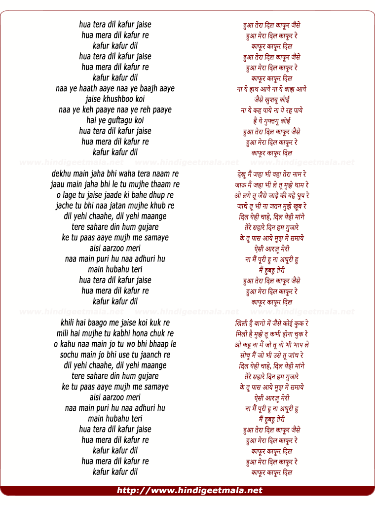 lyrics of song Hua Tera Dil Kafur