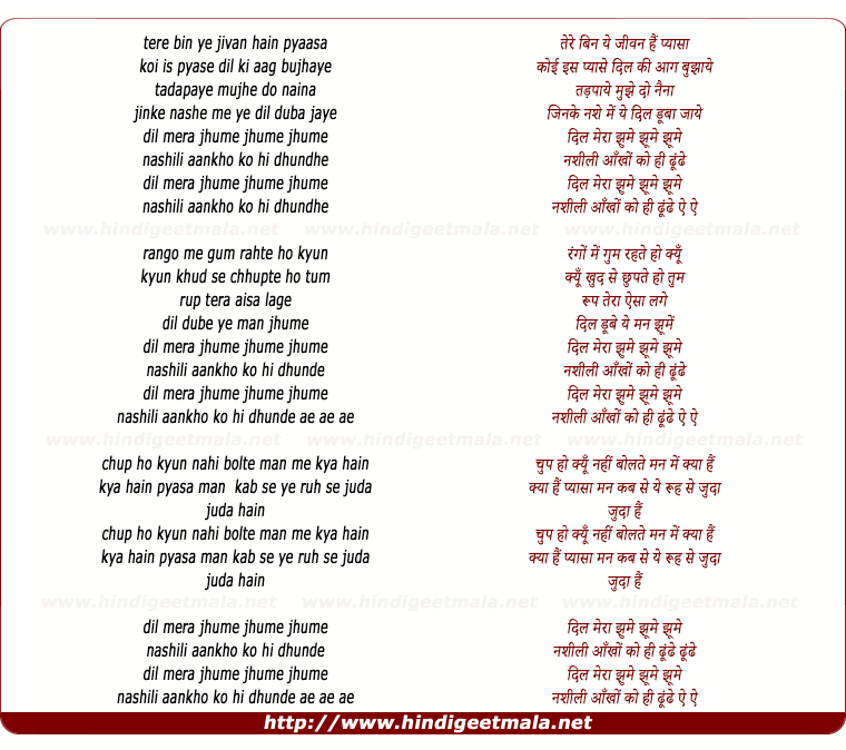 lyrics of song Tere Bin Pe Jivan Hai Pyaasa
