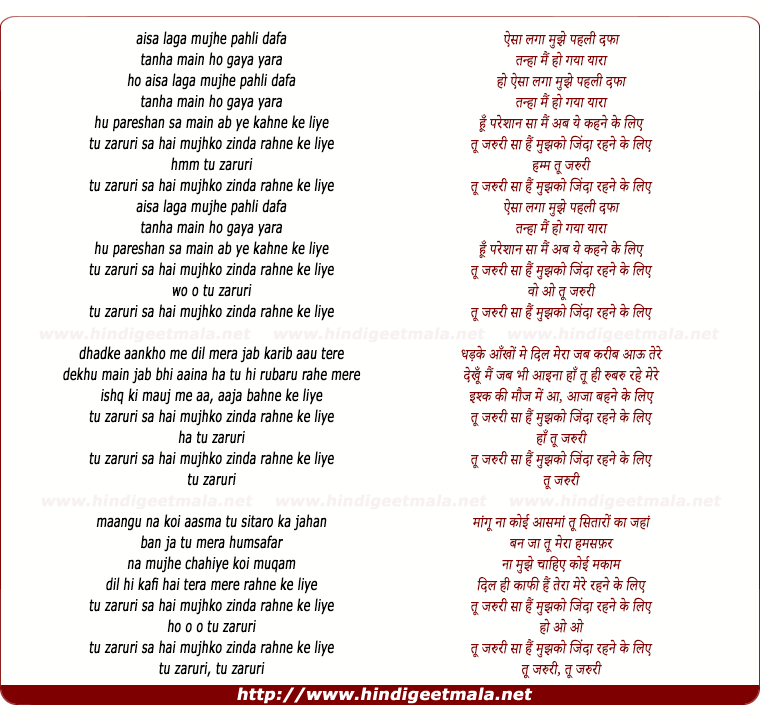 lyrics of song Tu Zaroori (Male)
