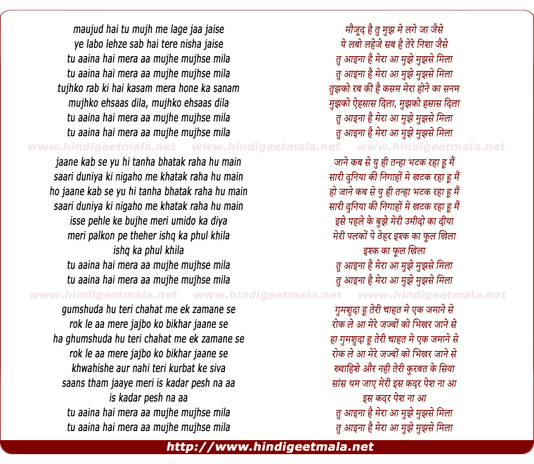 lyrics of song Tu Aaina Hai Mera