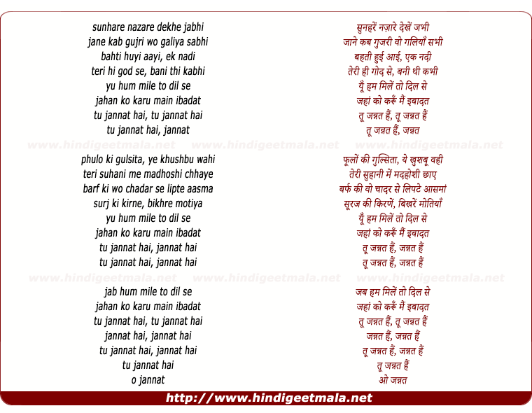 lyrics of song Tu Jannat Hain