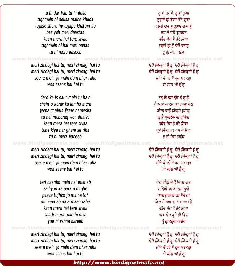 lyrics of song Meri Zindagi Hain Tu