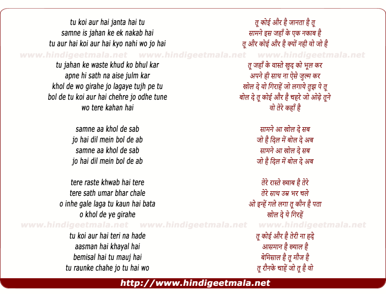 lyrics of song Tu Koi Aur Hai