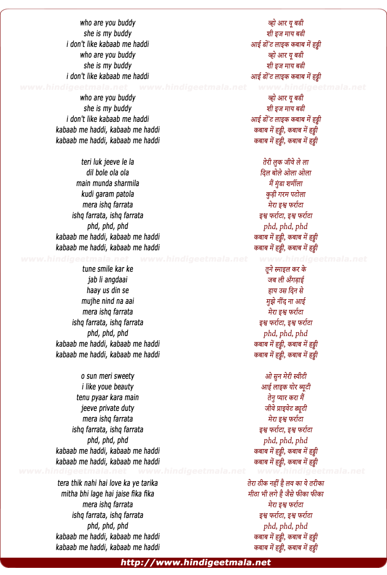 lyrics of song Kabab Mein Haddi
