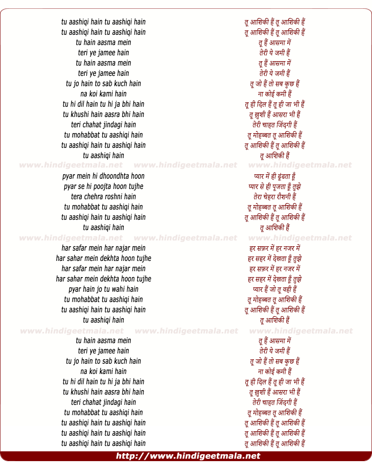 lyrics of song Tu Aashiqi Hai