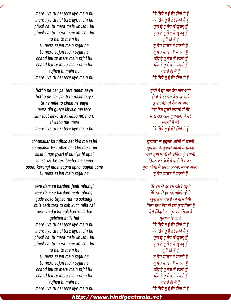 lyrics of song Mere Liye Tu Hai