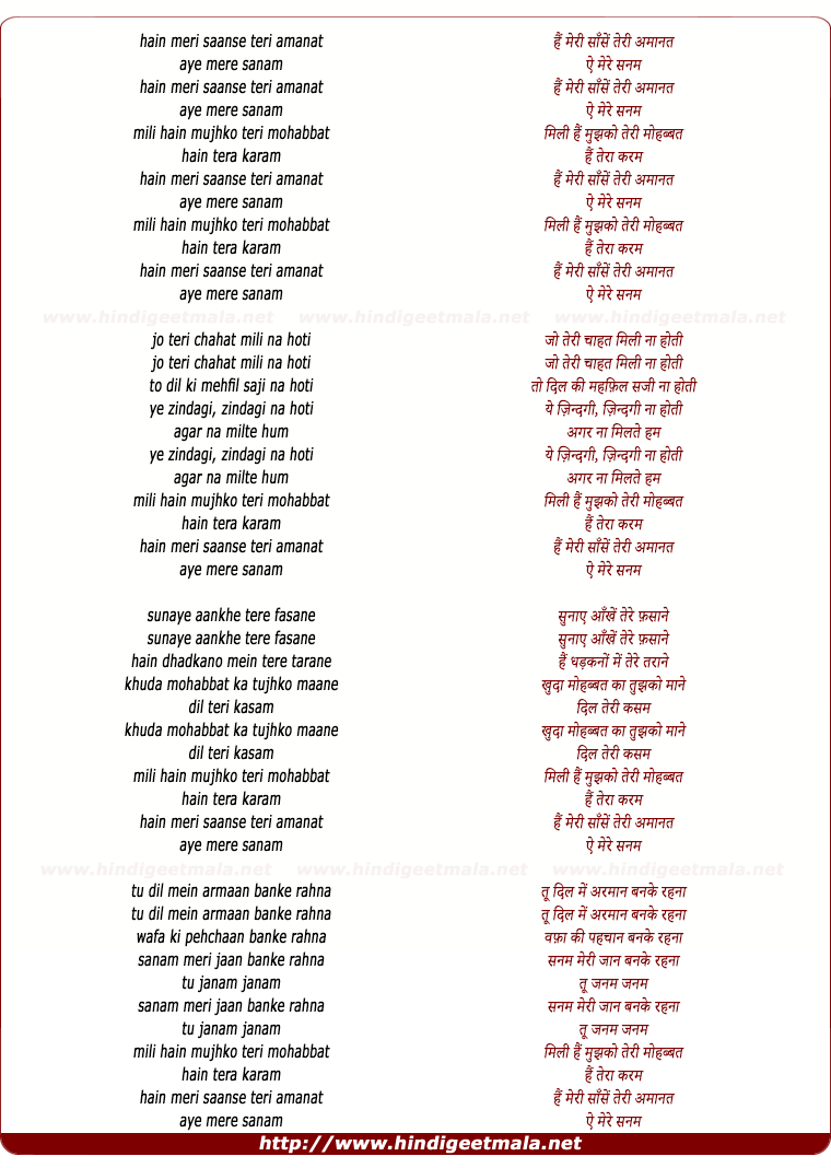 lyrics of song Hain Meri Saansein Teri Amanat