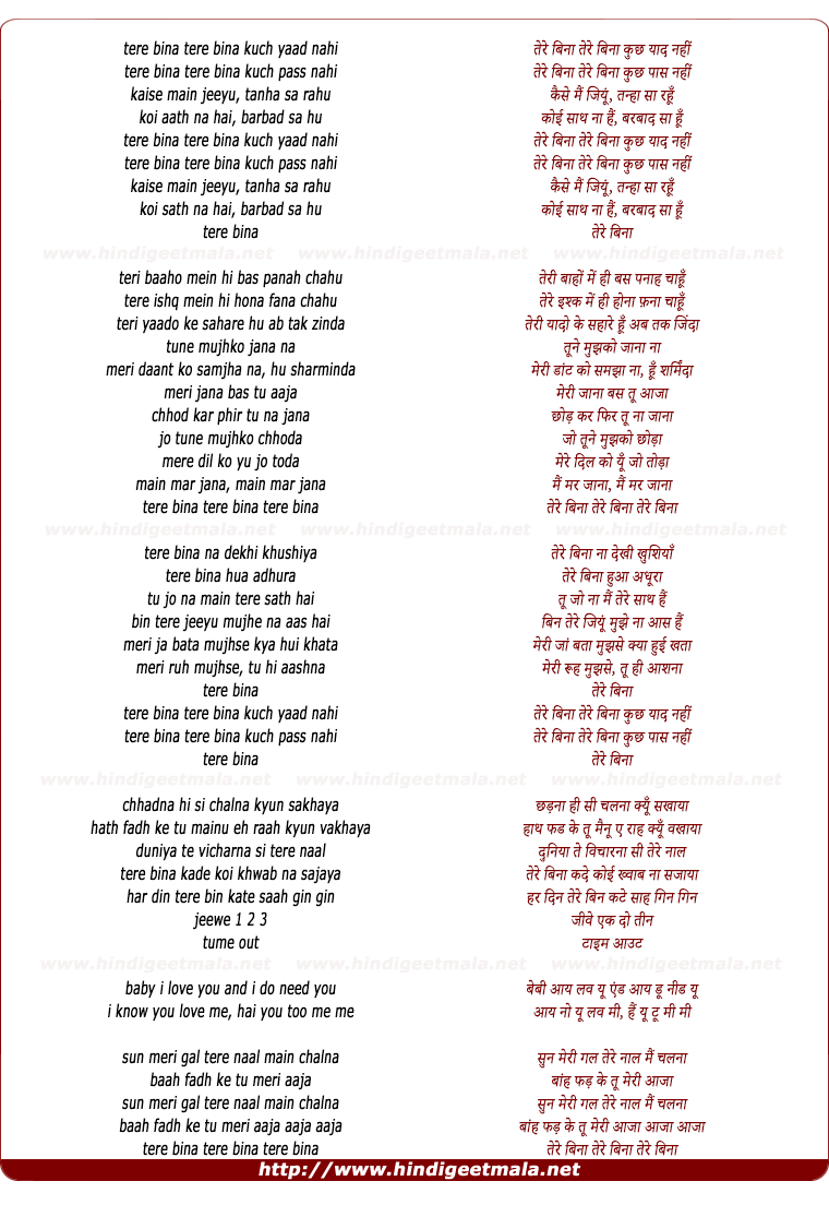 lyrics of song Tere Bina (Anoop Ghai)