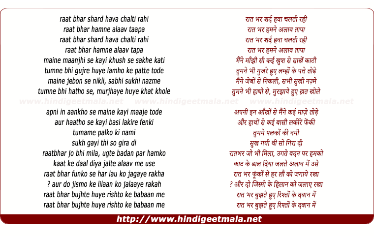 lyrics of song Raat Bhar Sard Hawa