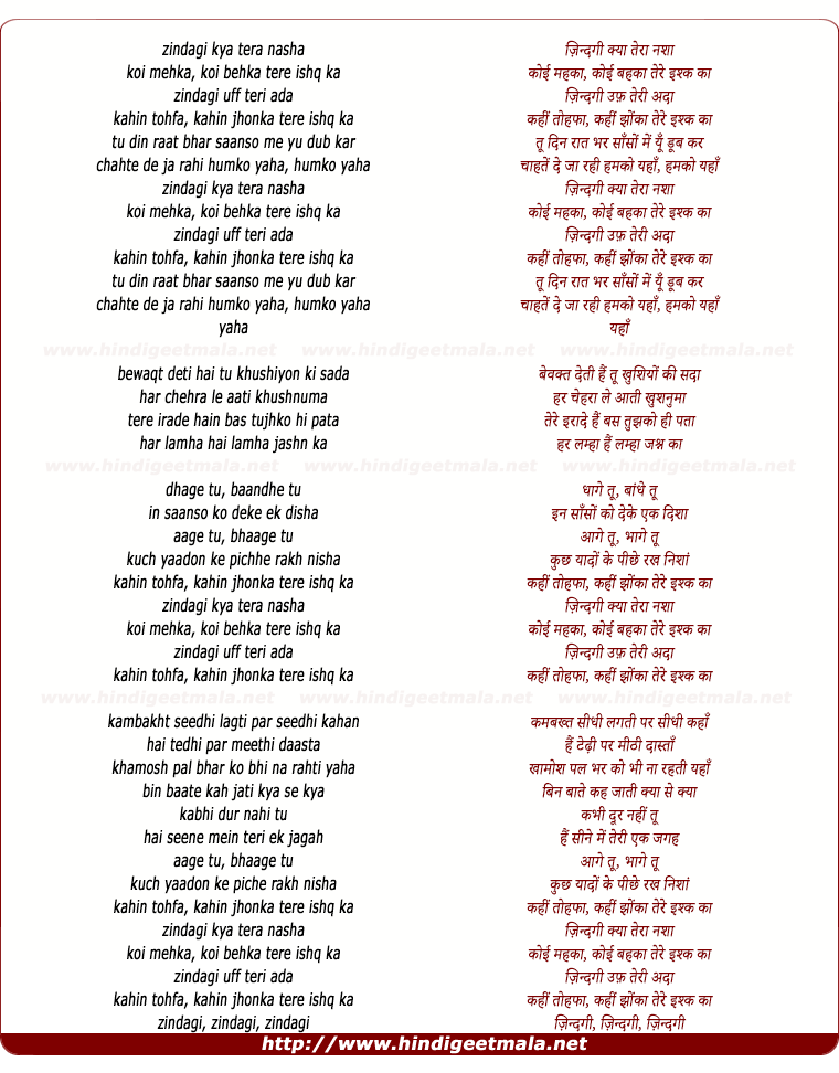 lyrics of song Zindagi Kya Tera Nasha