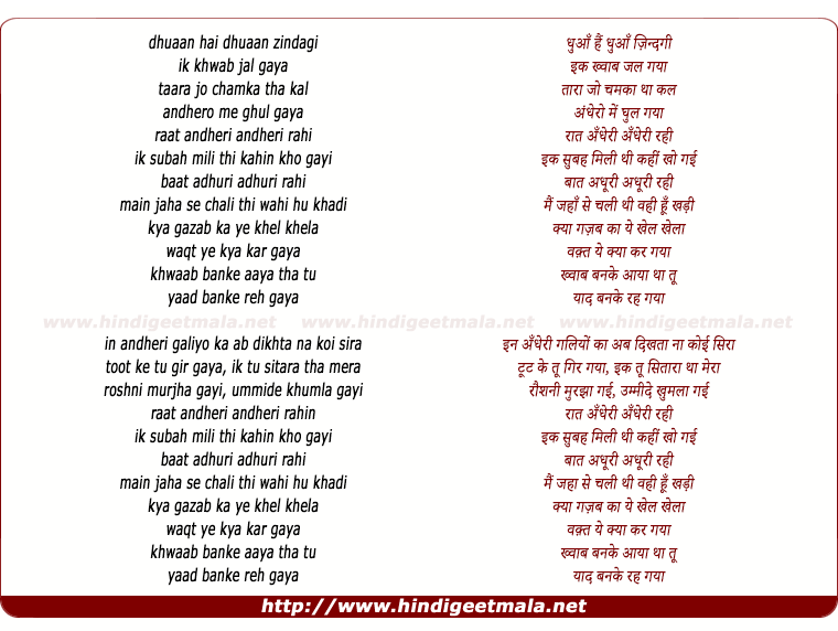 lyrics of song Dhuaan Hai Dhuaan Zindagi