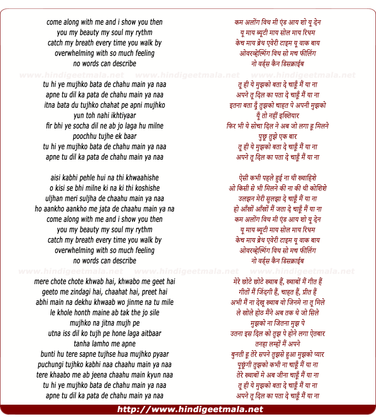lyrics of song Chahu Mein Ya Naa